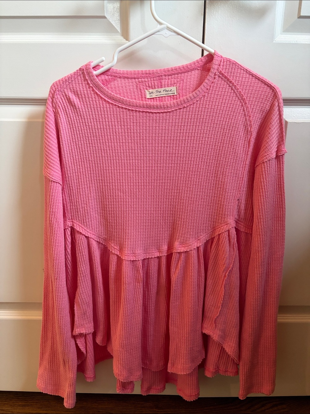 We The Free Rose-Pink Waffle Knit Ruffle Hem Pullover
